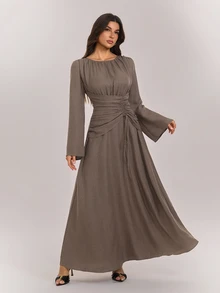 SHEIN Tall Women's Solid Color Pleated Casual Party Long Dress - Coffee - View 4