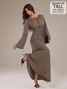 SHEIN Tall Women's Solid Color Pleated Casual Party Long Dress - Coffee - View 9