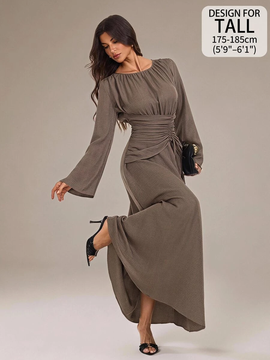SHEIN Tall 女款素色百褶休閒派對長洋裝 - 咖啡 - 查看 1