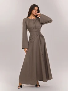 SHEIN Tall Women's Solid Color Pleated Casual Party Long Dress - Coffee - View 5