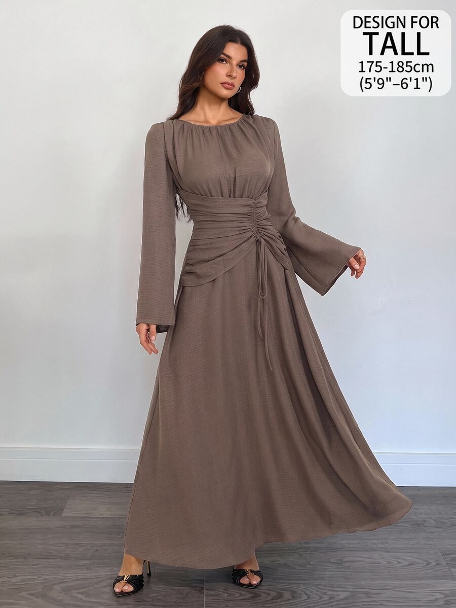 SHEIN Tall Women's Solid Color Pleated Casual Party Long Dress - Coffee - View 1