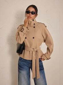 SHEIN PETITE Women's Solid Color Raglan Long Sleeve Double-Breasted Casual Regular Fit Jacket - Camel - View 7
