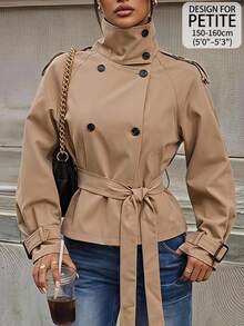 SHEIN PETITE Women's Solid Color Raglan Long Sleeve Double-Breasted Casual Regular Fit Jacket - Camel - View 11