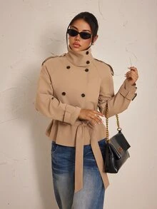 SHEIN PETITE Women's Solid Color Raglan Long Sleeve Double-Breasted Casual Regular Fit Jacket - Camel - View 5