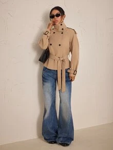 SHEIN PETITE Women's Solid Color Raglan Long Sleeve Double-Breasted Casual Regular Fit Jacket - Camel - View 6