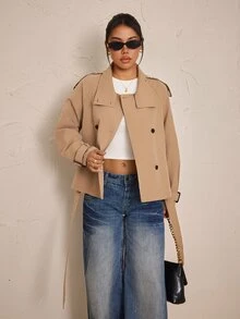 SHEIN PETITE Women's Solid Color Raglan Long Sleeve Double-Breasted Casual Regular Fit Jacket - Camel - View 3