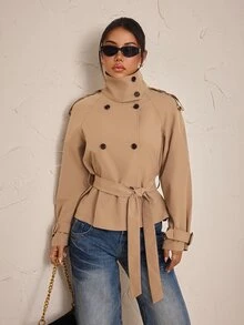 SHEIN PETITE Women's Solid Color Raglan Long Sleeve Double-Breasted Casual Regular Fit Jacket - Camel - View 4