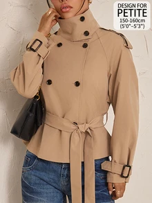 SHEIN PETITE Women's Solid Color Raglan Long Sleeve Double-Breasted Casual Regular Fit Jacket - Camel - View 8