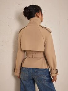 SHEIN PETITE Women's Solid Color Raglan Long Sleeve Double-Breasted Casual Regular Fit Jacket - Camel - View 2
