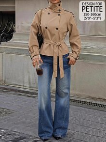 SHEIN PETITE Women's Solid Color Raglan Long Sleeve Double-Breasted Casual Regular Fit Jacket - Camel - View 1