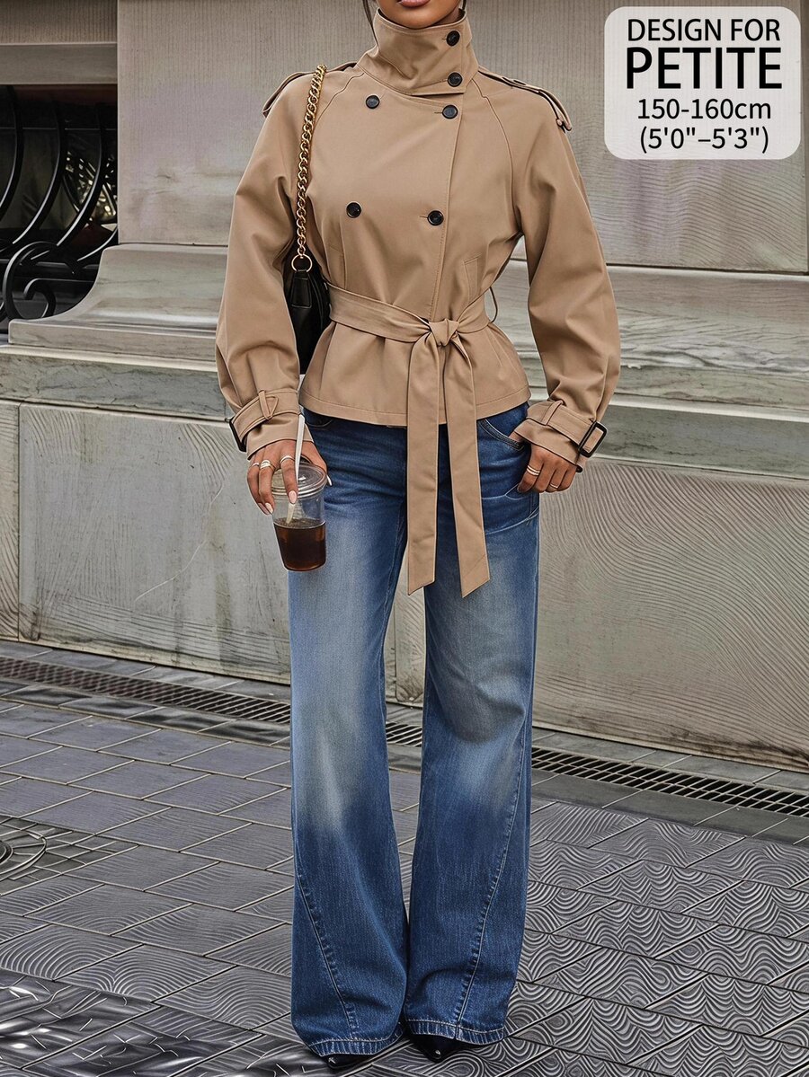 SHEIN PETITE Women's Solid Color Raglan Long Sleeve Double-Breasted Casual Regular Fit Jacket - Camel - View 1