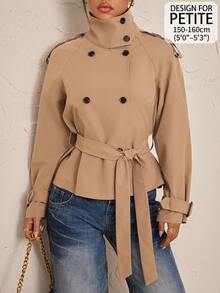 SHEIN PETITE Women's Solid Color Raglan Long Sleeve Double-Breasted Casual Regular Fit Jacket - Camel - View 10