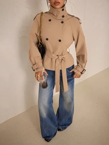 SHEIN PETITE Women's Solid Color Raglan Long Sleeve Double-Breasted Casual Regular Fit Jacket - Camel - View 9