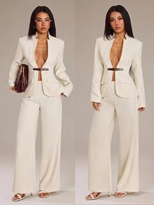 SHEIN PETITE Women's Long Sleeve Waist Button Design Jacket And Pants Elegant Suit Set - White - View 10
