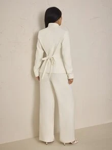 SHEIN PETITE Women's Long Sleeve Waist Button Design Jacket And Pants Elegant Suit Set - White - View 2