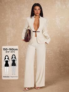 SHEIN PETITE Women's Long Sleeve Waist Button Design Jacket And Pants Elegant Suit Set - White - View 9