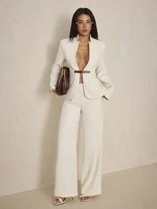 SHEIN PETITE Women's Long Sleeve Waist Button Design Jacket And Pants Elegant Suit Set - White - View 6