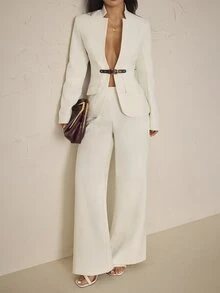 SHEIN PETITE Women's Long Sleeve Waist Button Design Jacket And Pants Elegant Suit Set - White - View 5