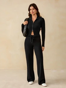 SHEIN Tall Setelan Rajut Kasual Wanita 2 Potong, Hoodie dan Celana Panjang Warna Polos dengan Resleting, Cocok untuk Sehari-hari - Hitam - View 5