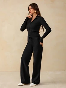 SHEIN Tall Setelan Rajut Kasual Wanita 2 Potong, Hoodie dan Celana Panjang Warna Polos dengan Resleting, Cocok untuk Sehari-hari - Hitam - View 4
