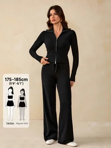 SHEIN Tall Setelan Rajut Kasual Wanita 2 Potong, Hoodie dan Celana Panjang Warna Polos dengan Resleting, Cocok untuk Sehari-hari - Hitam - View 7