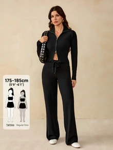 SHEIN Tall Setelan Rajut Kasual Wanita 2 Potong, Hoodie dan Celana Panjang Warna Polos dengan Resleting, Cocok untuk Sehari-hari - Hitam - View 1