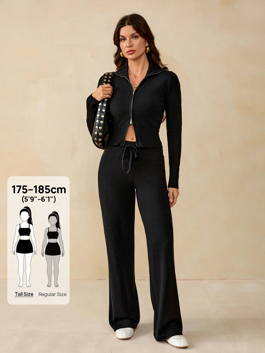 SHEIN Tall Setelan Rajut Kasual Wanita 2 Potong, Hoodie dan Celana Panjang Warna Polos dengan Resleting, Cocok untuk Sehari-hari - Hitam - View 1