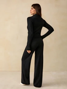 SHEIN Tall Setelan Rajut Kasual Wanita 2 Potong, Hoodie dan Celana Panjang Warna Polos dengan Resleting, Cocok untuk Sehari-hari - Hitam - View 2