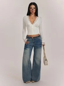 SHEIN PETITE Women's Solid Color Contrast Lace Long Sleeve Knit Thin Cardigan - White - View 7