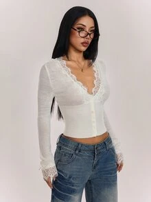 SHEIN PETITE Women's Solid Color Contrast Lace Long Sleeve Knit Thin Cardigan - White - View 4