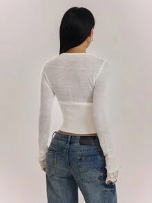 SHEIN PETITE Women's Solid Color Contrast Lace Long Sleeve Knit Thin Cardigan - White - View 2