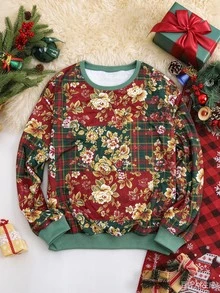 INAWLY Sweatshirt Wanita Lengan Panjang Leher Bulat Motif Bunga Kasual Longgar - Merah - View 3