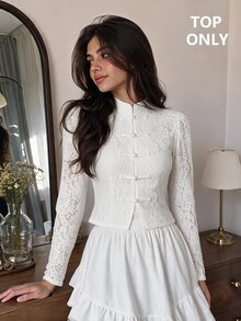 SHEIN MOD Women's Lace Button-Front Long Sleeve Elegant Blouse - White - View 2
