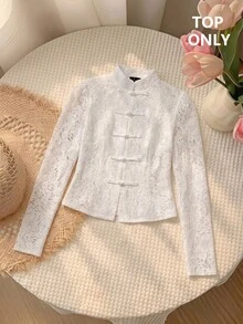 SHEIN MOD Women's Lace Button-Front Long Sleeve Elegant Blouse - White - View 7
