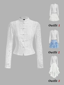 SHEIN MOD Women's Lace Button-Front Long Sleeve Elegant Blouse - White - View 1