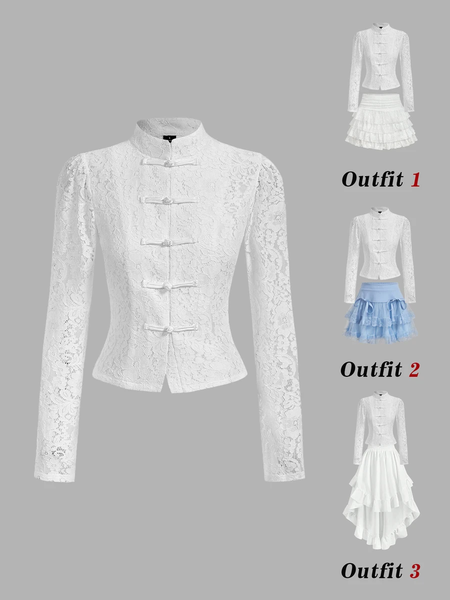 SHEIN MOD Women's Lace Button-Front Long Sleeve Elegant Blouse - White - View 1