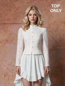 SHEIN MOD Women's Lace Button-Front Long Sleeve Elegant Blouse - White - View 9