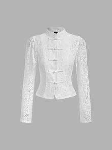 SHEIN MOD Women's Lace Button-Front Long Sleeve Elegant Blouse - White - View 6