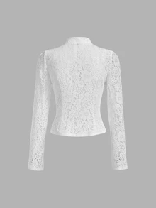 SHEIN MOD Women's Lace Button-Front Long Sleeve Elegant Blouse - White - View 3