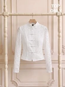 SHEIN MOD Women's Lace Button-Front Long Sleeve Elegant Blouse - White - View 8