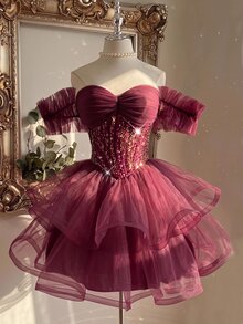 Lovelzi Elegant Glamorous Fashion Deep Red Sequin Embroidered Patchwork Mesh Sweetheart Neckline Off-Shoulder Puff Sleeve Full Skirt Short Dress Suitable For Wedding Guest, Prom - Burgundy - View 1