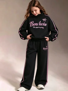 SHEIN 女童 2 件套，長袖，抓絨，秋季套裝，紐約字母印花運動衫短褲，粉色慢跑黑白校外風 - 黑色 - 查看 1
