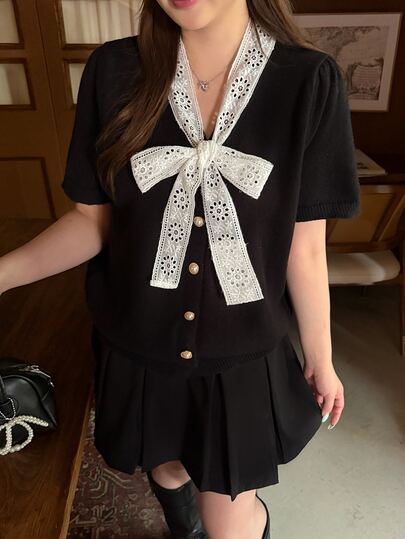 Bijouette Plus Size Lace Bow Knit Top, Puff Sleeve Single-Breasted Cropped Fitted Short Sleeve Cardigan With Bow Decor Winter