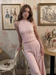SHEIN MOD Women's Solid Color Halter Neck Top And Long Pants Casual Daily Knit Two Pieces Set - Pink - View 3