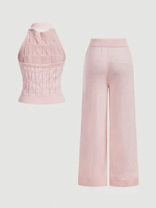 SHEIN MOD Women's Solid Color Halter Neck Top And Long Pants Casual Daily Knit Two Pieces Set - Pink - View 6