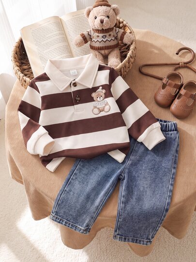SHEIN Playful Pals Baby Boy T Shirt Set POLO Preppy Denim Top Spring Fall Winter Casual Striped Long Sleeve Cute Pants Khaki Charcoal Print Sets Matching Sets