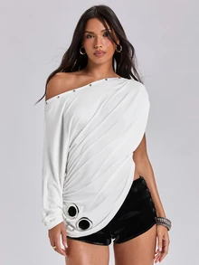 ACID BLVD Autumn/Winter Y2K Soft Sexy Avant-Garde Draped Cut Asymmetrical Neck Asymmetrical Long Sleeve T-Shirt - White - View 5