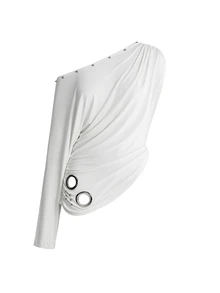 ACID BLVD Autumn/Winter Y2K Soft Sexy Avant-Garde Draped Cut Asymmetrical Neck Asymmetrical Long Sleeve T-Shirt - White - View 8