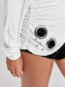 ACID BLVD Autumn/Winter Y2K Soft Sexy Avant-Garde Draped Cut Asymmetrical Neck Asymmetrical Long Sleeve T-Shirt - White - View 2