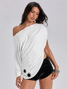ACID BLVD Autumn/Winter Y2K Soft Sexy Avant-Garde Draped Cut Asymmetrical Neck Asymmetrical Long Sleeve T-Shirt - White - View 11